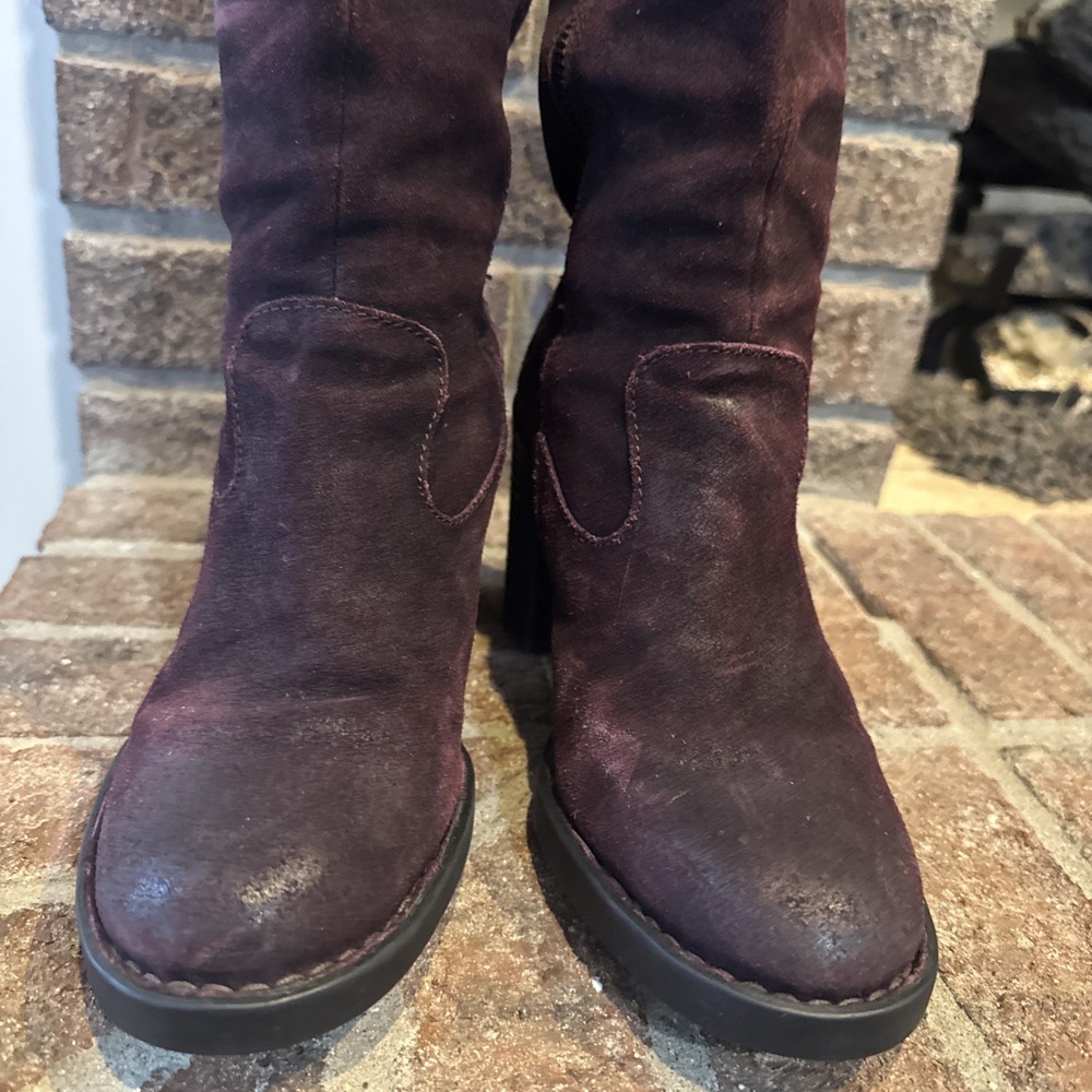 Born Over The Knee Suede Leather Block Heel Boots Women's Sz 7 Dark Red - Picture 14 of 16